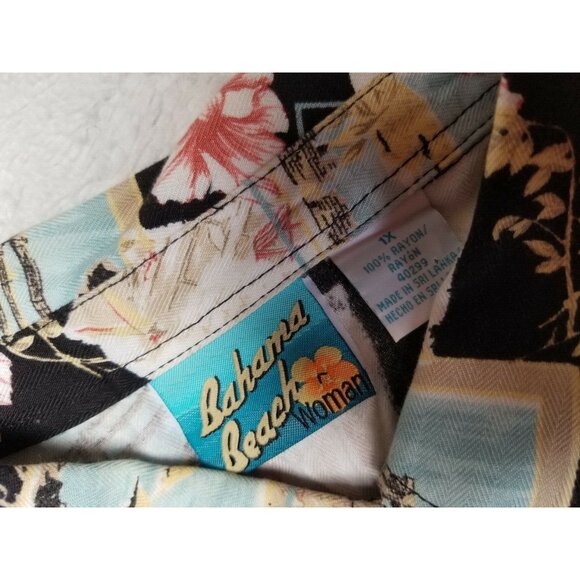 Bahama Beach Women Button Down Hawaiian Shirt Top Size 1X Postcards Floral Multi - Picture 3 of 5
